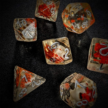Skull & Orange Flower in Clear Resin - 7pcs RPG Full Dice Set